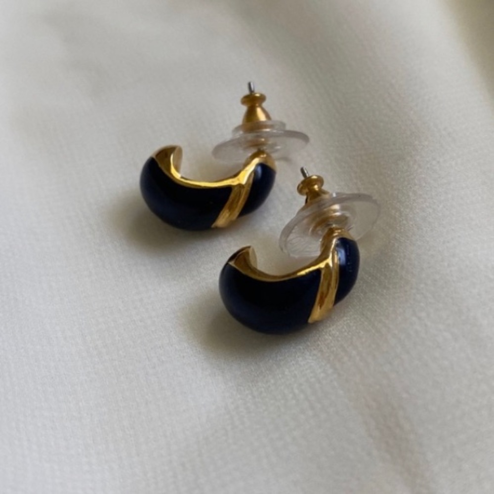 VTG Midnight Navy Gold Chunky Mini Hoop Earrings